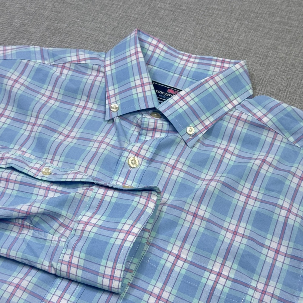 Vineyard Vines Performance Classic Fit Murray Button Shirt Men Medium Blue Plaid